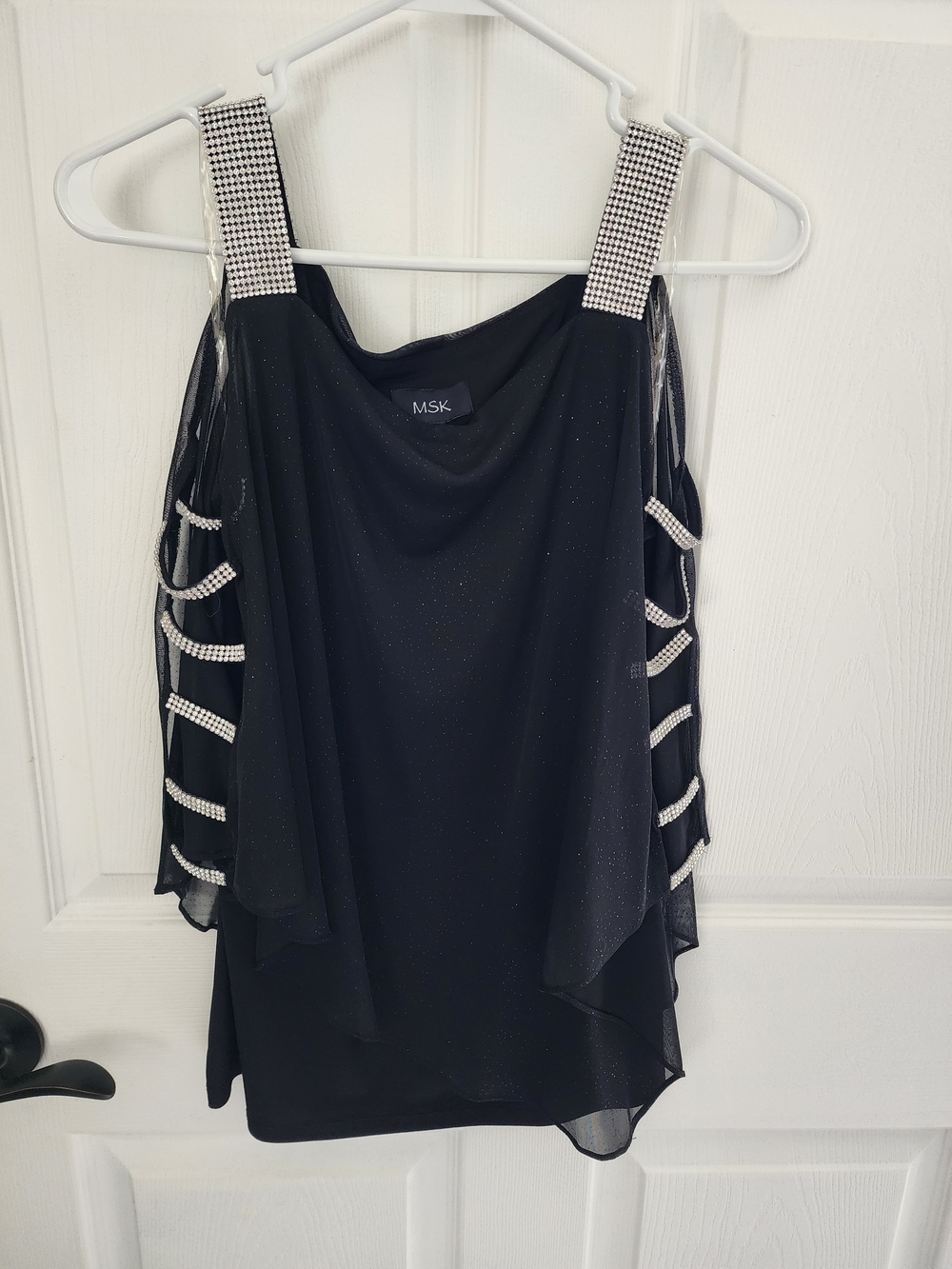 MSK Black Rhinestone-Strap Cold Shoulder Evening Tank